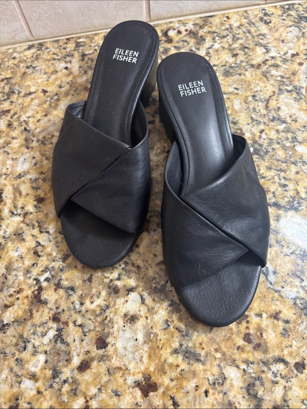 Eileen Fisher Black Leather Crisscross Mule Slides